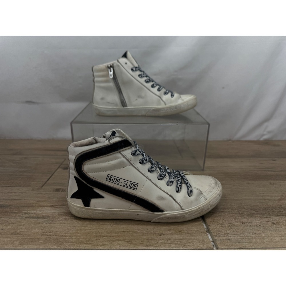 Golden Goose Slide High Top Sneakers White Leather Black Star Leopard Lace 37